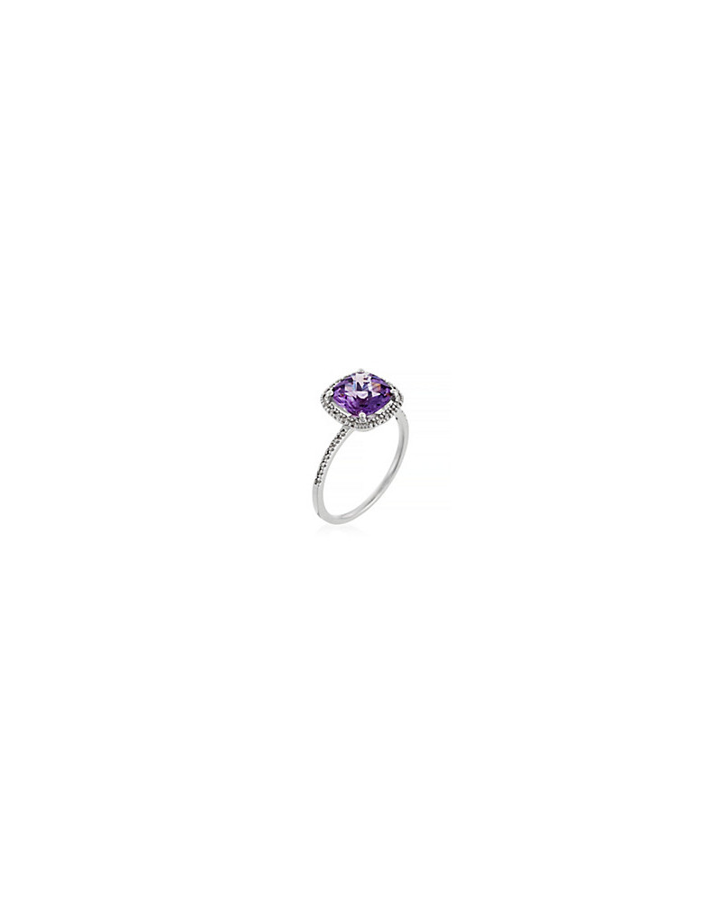 Bague Or Blanc 375/1000 "Purple Square" Diamants 0,10/34  Améthyste 2,51/1
