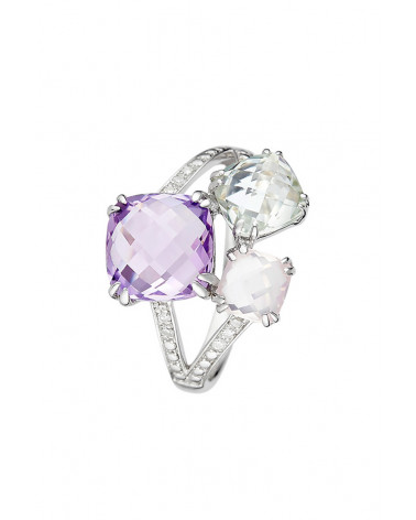 Bague Or Blanc 375/1000 "Précieuses Divines" Diamants: 0,05ct/10 Améth: Violette&Vert,Quartz Rose
