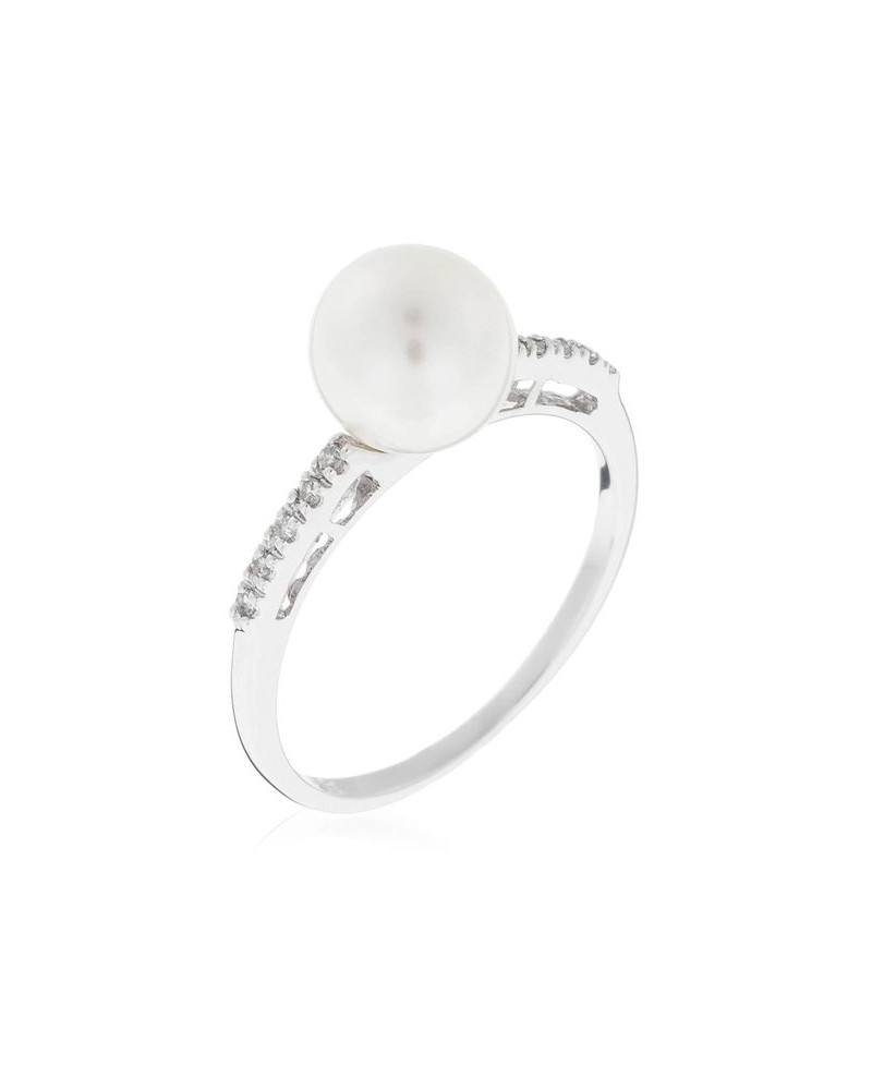 Bague Or Blanc 375/1000 "Perfect White" D0.06ct/10 Perle Blanche 7-7,5 mm