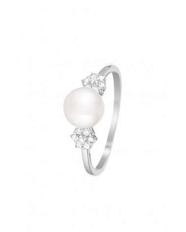 Bague Or Blanc 375/1000 "Star&Pearl" D0.07ct/6 Perle Blanche 7-7,5 mm