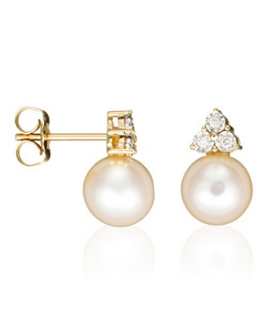Boucles d'oreilles Or Bicolore 375/1000 "Triangle&Pearl"D0.07ct/6 Perle Blanche