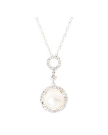 Pendentif Or Blanc 375/1000 "Jolie Perle Enchantée " Diamants : 0,13ct/42+ 1 perle blanche de 7,5mm
