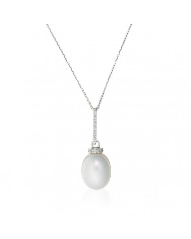 Pendentif Or Blanc 375/1000 "Ma Perle" Diamants :0,01ct/4+1 Perle 9mm/9,5mm