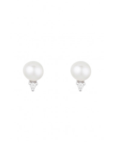 Boucles d'oreilles Or Blanc 375/1000  "Perles Trio Brillant" Perles Blanches et Diamants: 0,02ct/2
